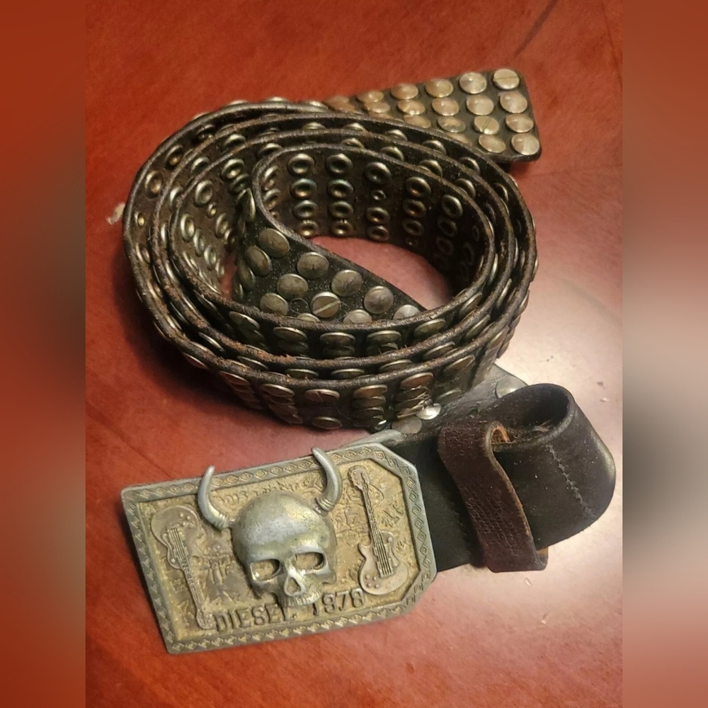 VIntage Skull 1978 Diesel Black Leather Belt Men's  42in  Buckle Metal Stone